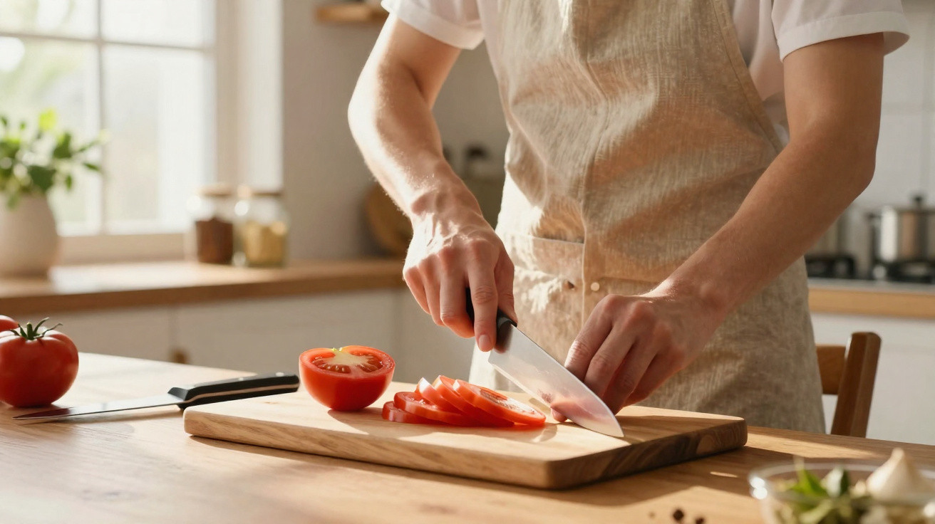 Person wearing apron slicing a fresh tomato on a wooden cutting board in a bright kitchen.