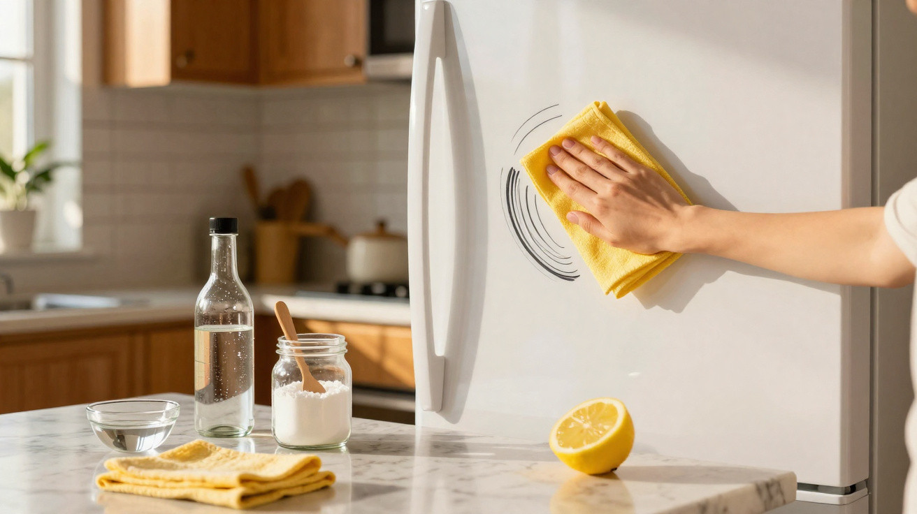 Hand wiping white refrigerator door with yellow cloth in sunlit kitchen with lemon and cleaning supplies on counter.