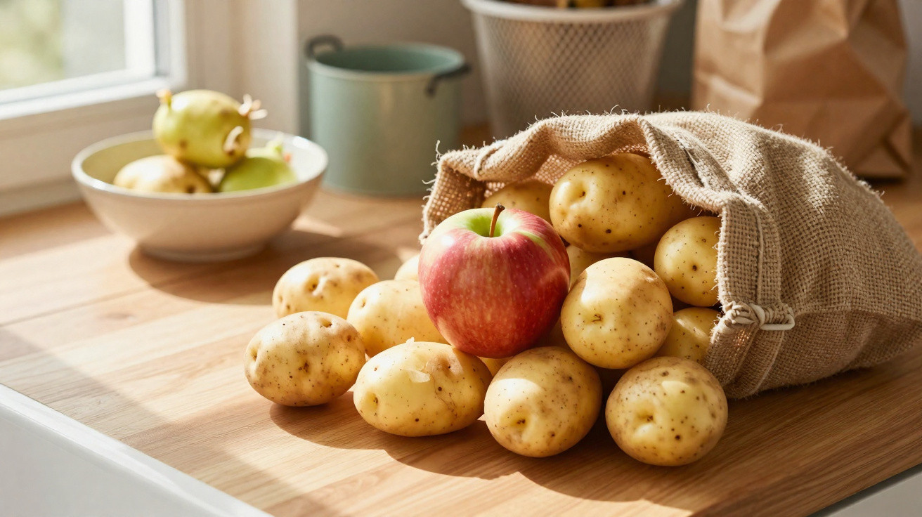 Red apple resting on a pile of potatoes spilling from a burlap sack on a wooden kitchen counter.