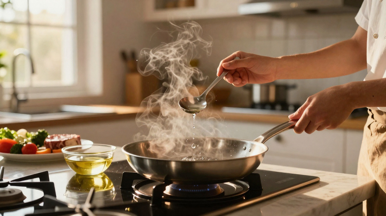 Person cooking with a steaming frying pan on a gas stove in a bright kitchen with fresh ingredients nearby