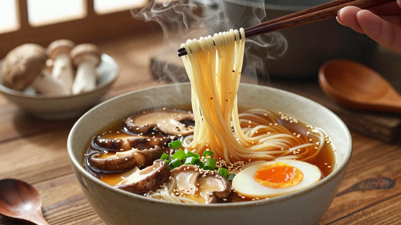 Steaming bowl of ramen with noodles lifted by chopsticks, shiitake mushrooms, green onions, sesame seeds, and a soft-boiled e