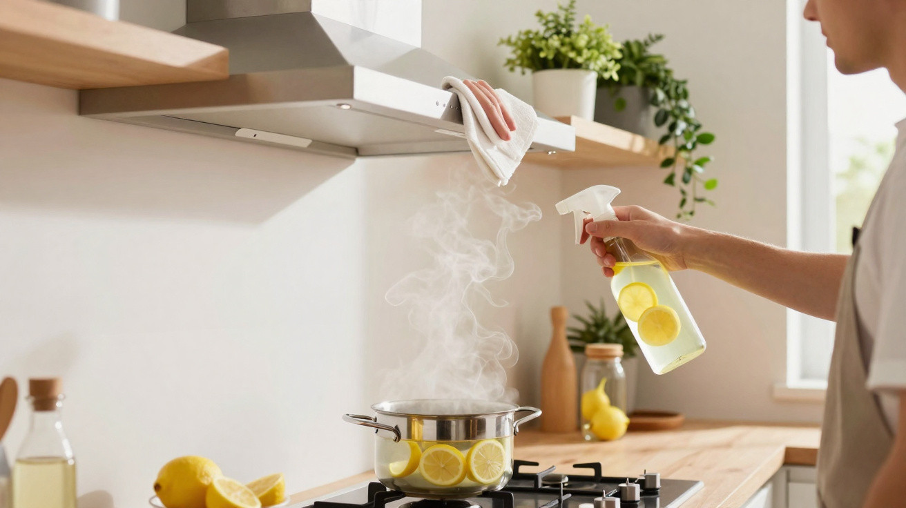 Person spraying lemon-scented cleaner on a kitchen extractor hood above a stove with boiling lemon water.