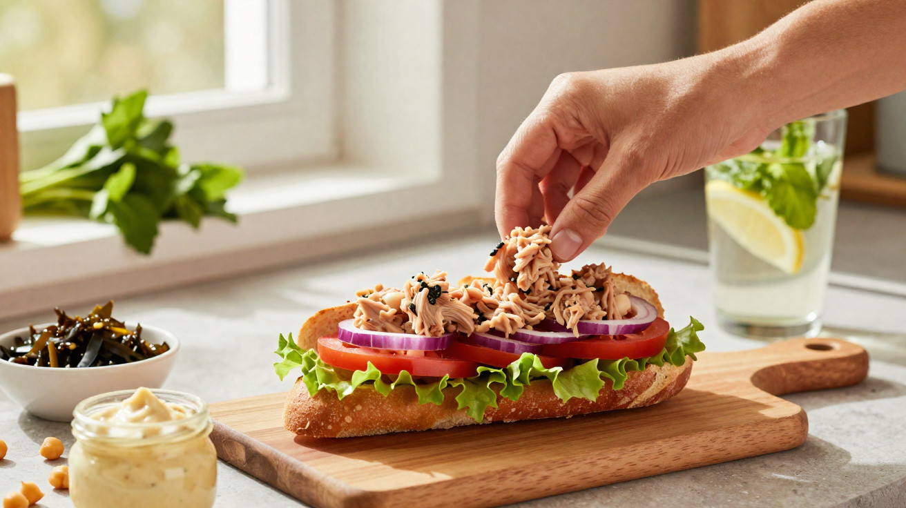 Hand assembling a fresh sandwich with lettuce, tomato, onion, and tuna on a wooden board by a window.