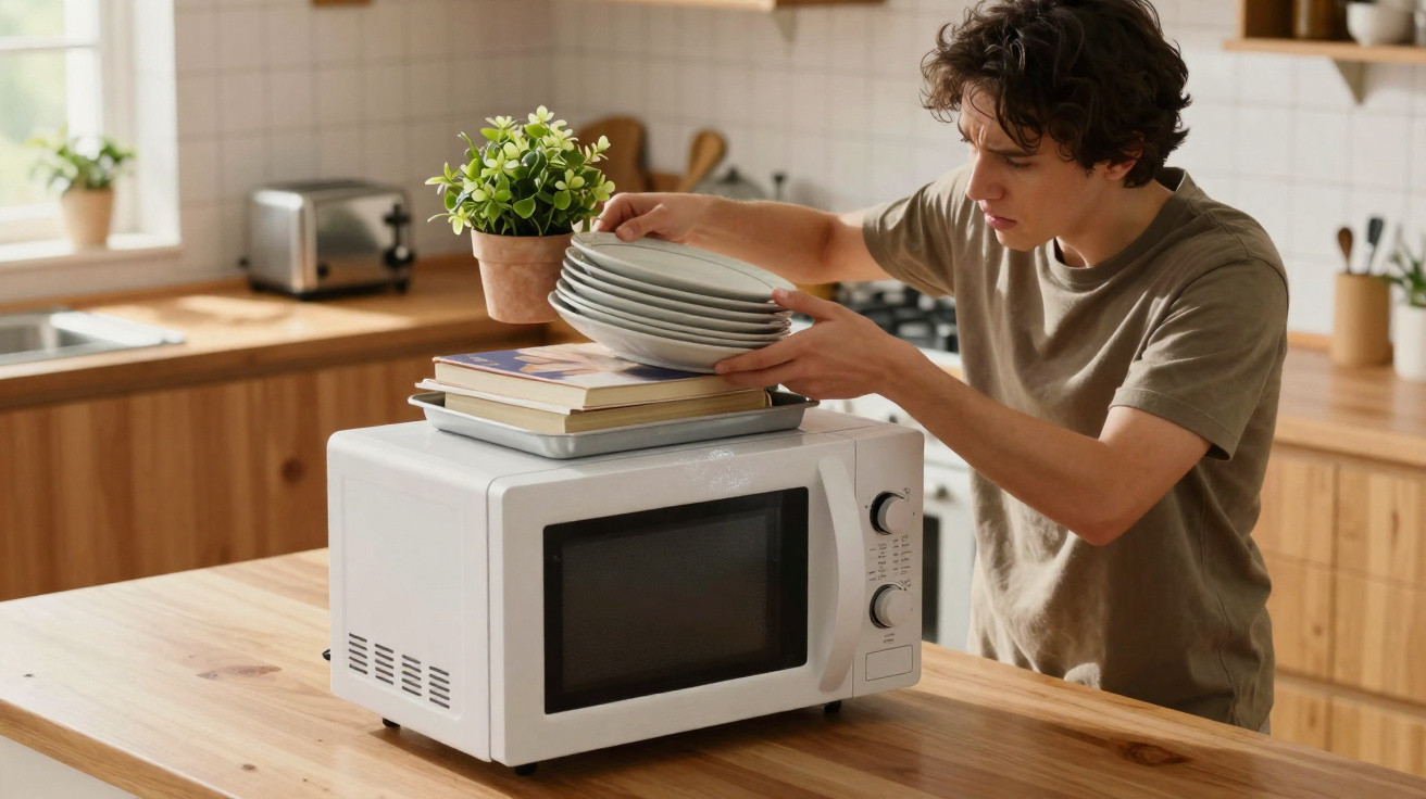 Young man organising plates, books, and a plant on top of a white microwave in a wooden kitchen.