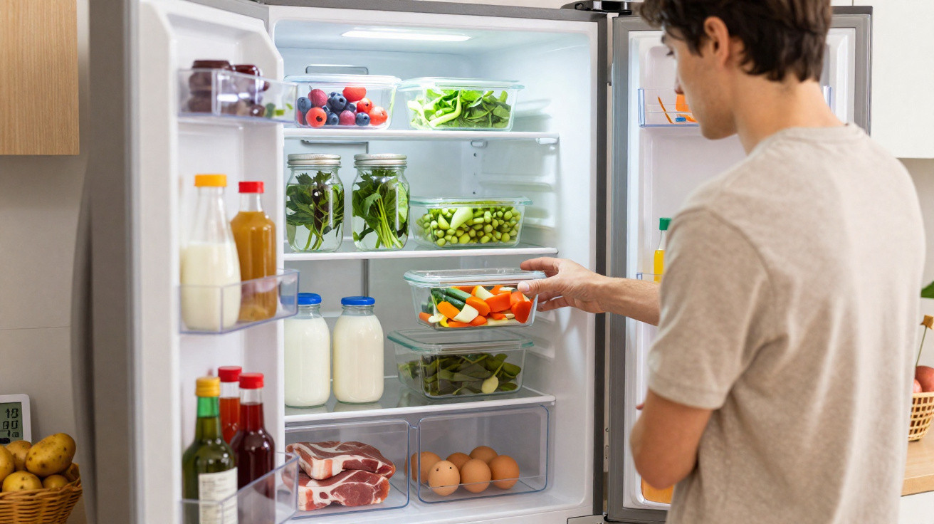 Man placing a container of chopped vegetables into a well-organised fridge with milk, eggs, meat, and fresh produce.
