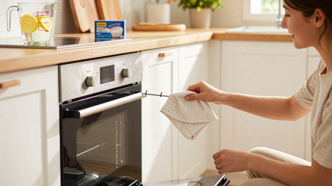 Person using a cloth to check the oven temperature in a bright modern kitchen.