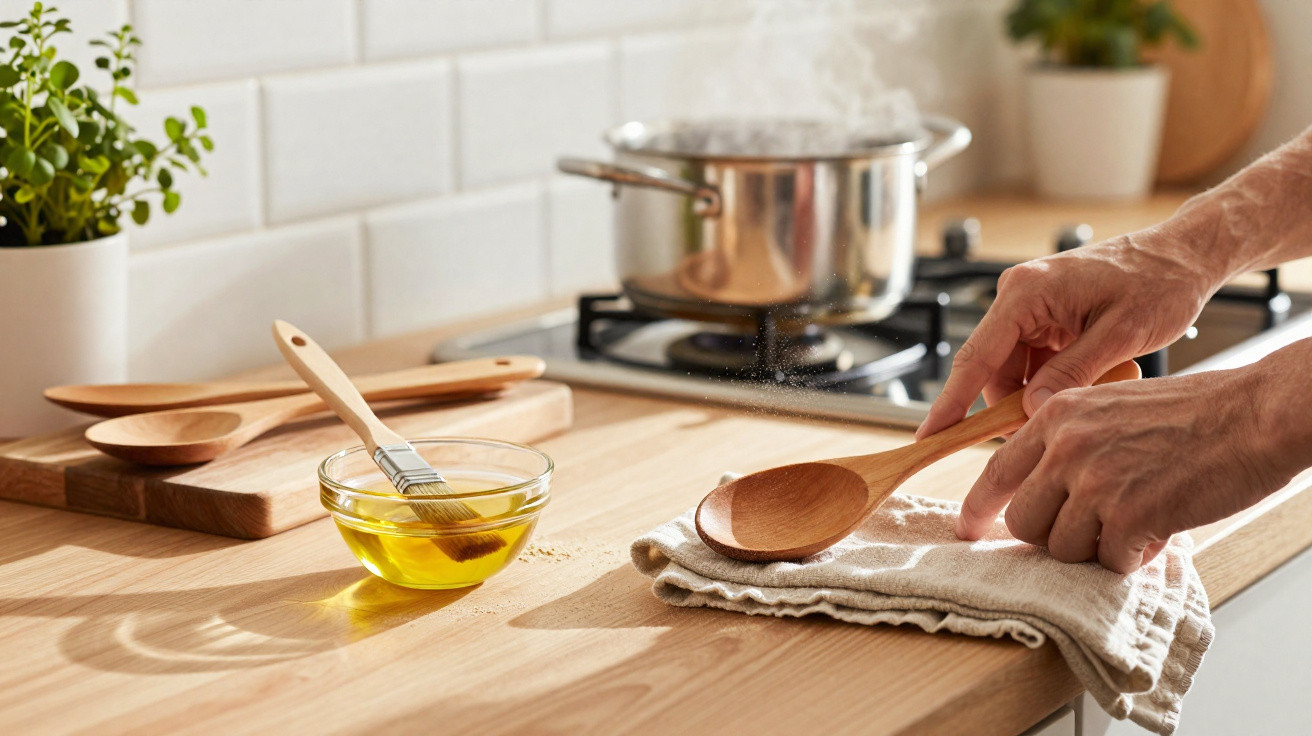 Hands drying a wooden spoon on a cloth beside cooking oil and a steaming pot on a stove in a bright kitchen.