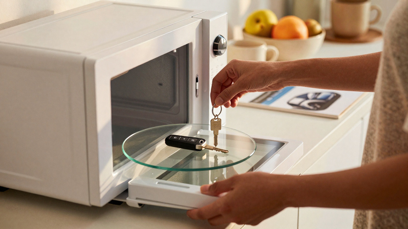 Person placing house and car keys inside an open microwave on a kitchen counter.