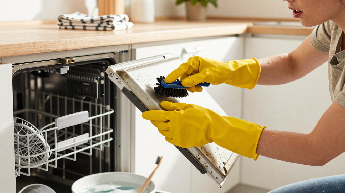 Person wearing yellow gloves scrubbing the inside of a dishwasher door with a brush in a kitchen.