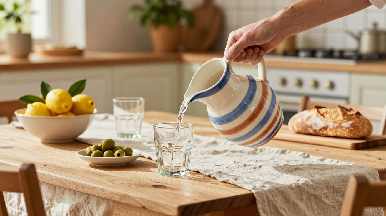 Hand pouring water from striped jug into glass on wooden kitchen table with bread, lemons, and olives.