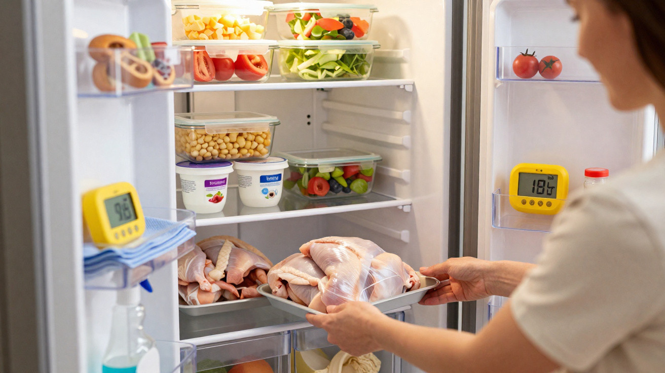Person placing raw chicken in fridge with digital thermometers showing different temperatures inside the fridge.