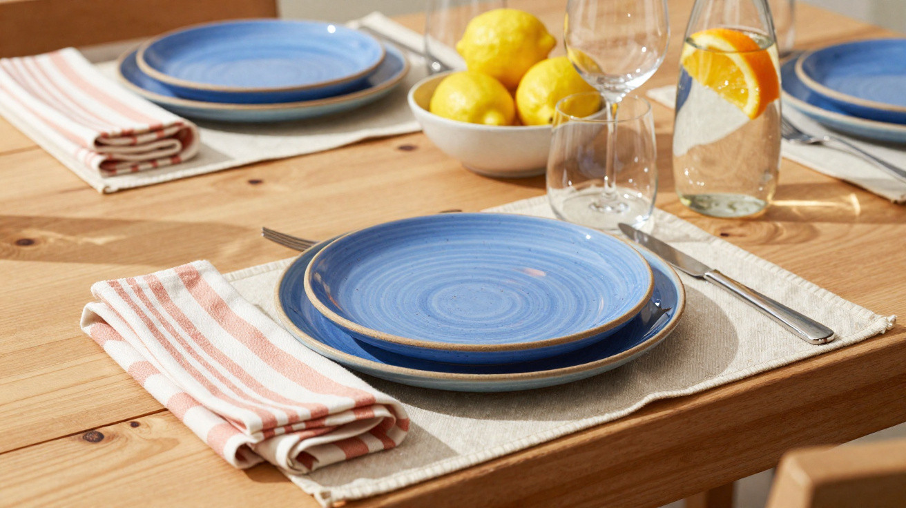 Dining table set with blue ceramic plates, striped napkins, lemon bowl, and water carafe with orange slice.