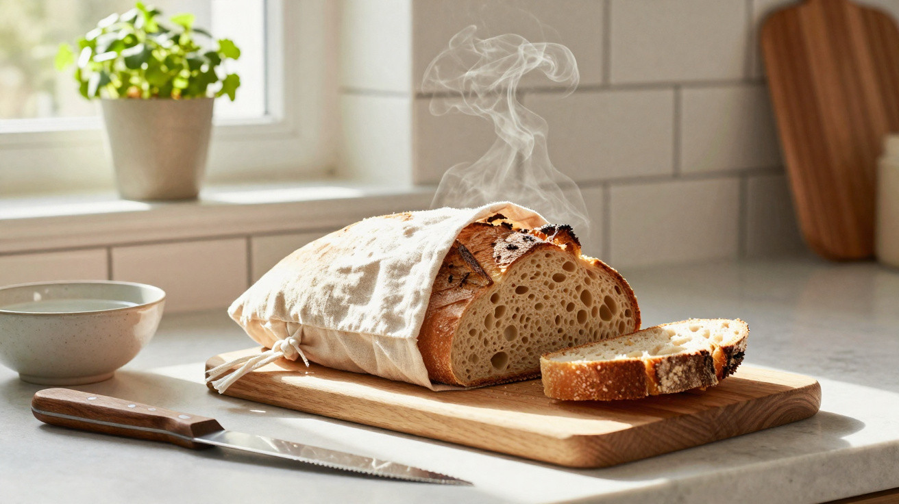 Freshly baked sourdough bread steaming on a wooden cutting board with a serrated knife nearby