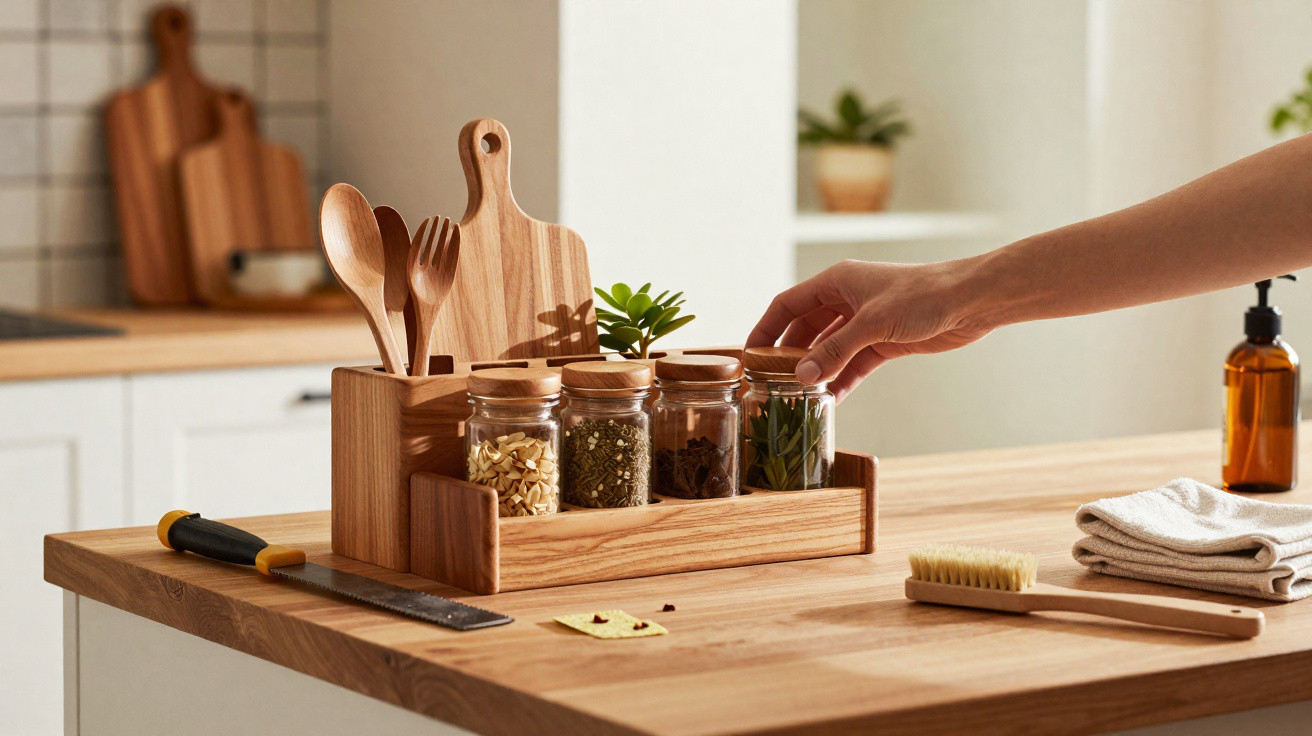 Hand arranging spice jars in wooden holder on kitchen counter with utensils and cleaning brush nearby