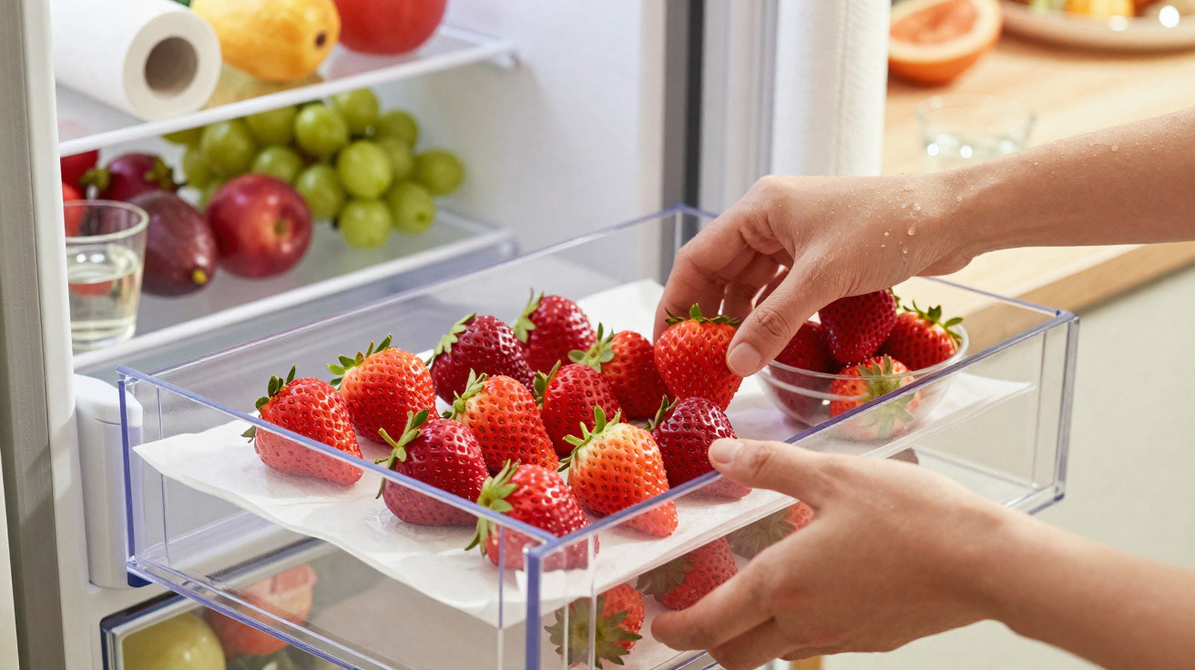 Hands placing fresh strawberries in a clear fridge drawer lined with paper towel, with fruit in the background.