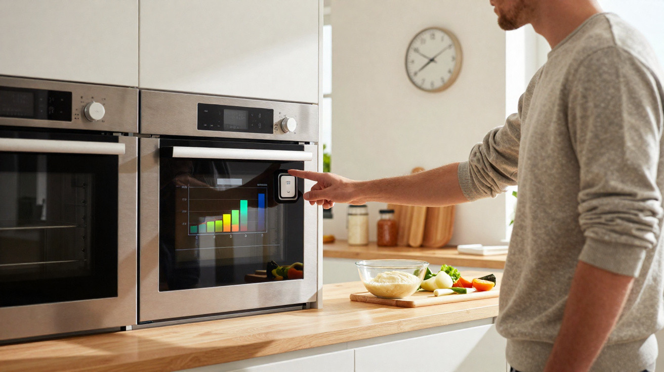 Person using a smart oven with a digital bar graph display in a modern kitchen with fresh vegetables on the counter.