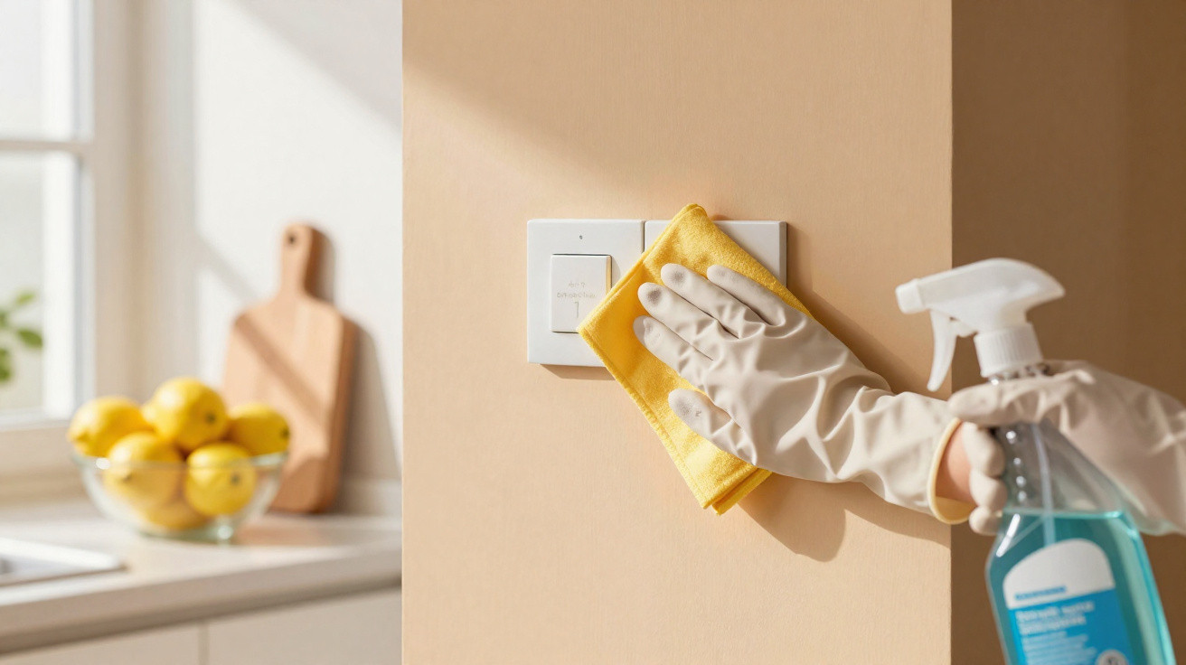 Hand in rubber glove cleaning light switch with yellow cloth and holding spray bottle in a bright kitchen.