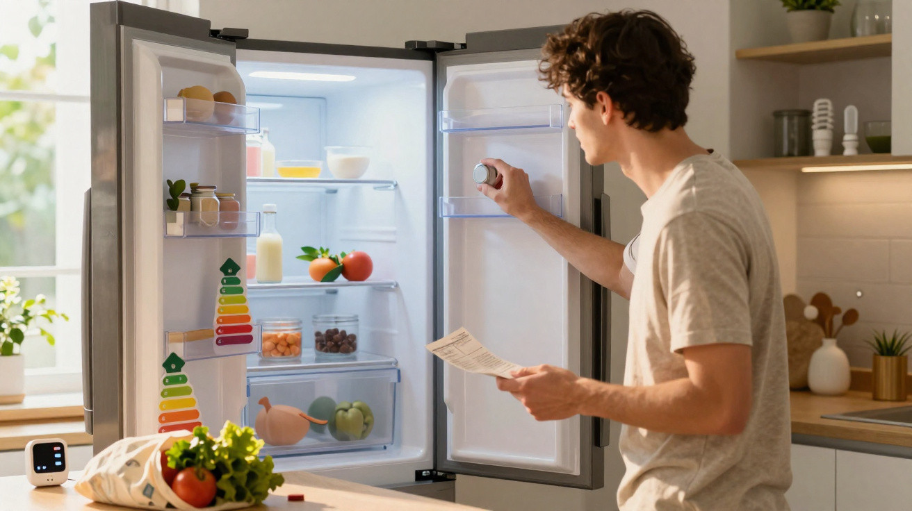 Young man adjusting thermostat on open fridge door in a modern kitchen with fresh vegetables nearby