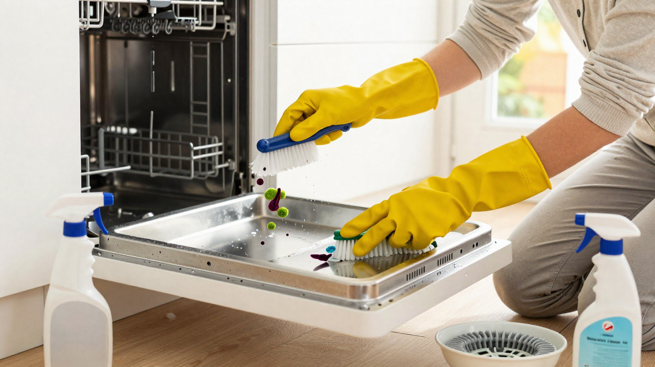 Person wearing yellow gloves scrubbing dishwasher door with cleaning brushes and spray bottles nearby.