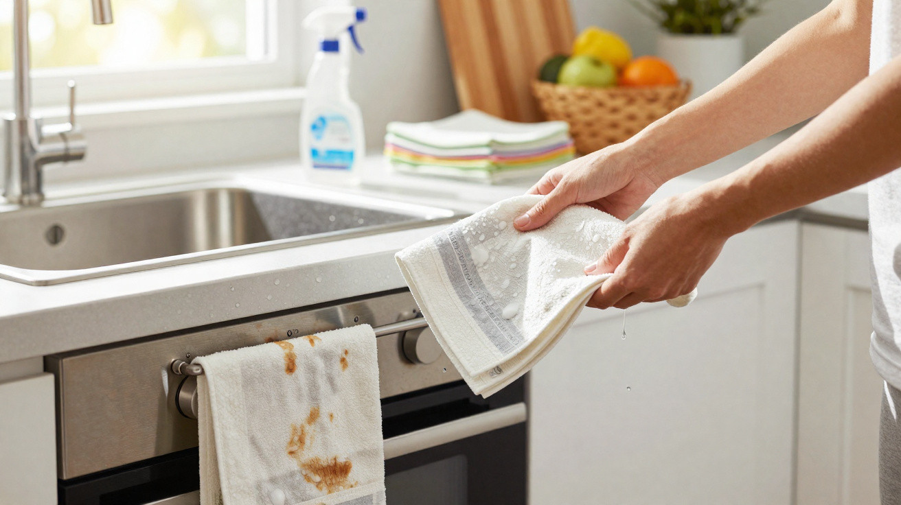 Person drying hands with a damp towel in a clean, modern kitchen near a sink and oven.