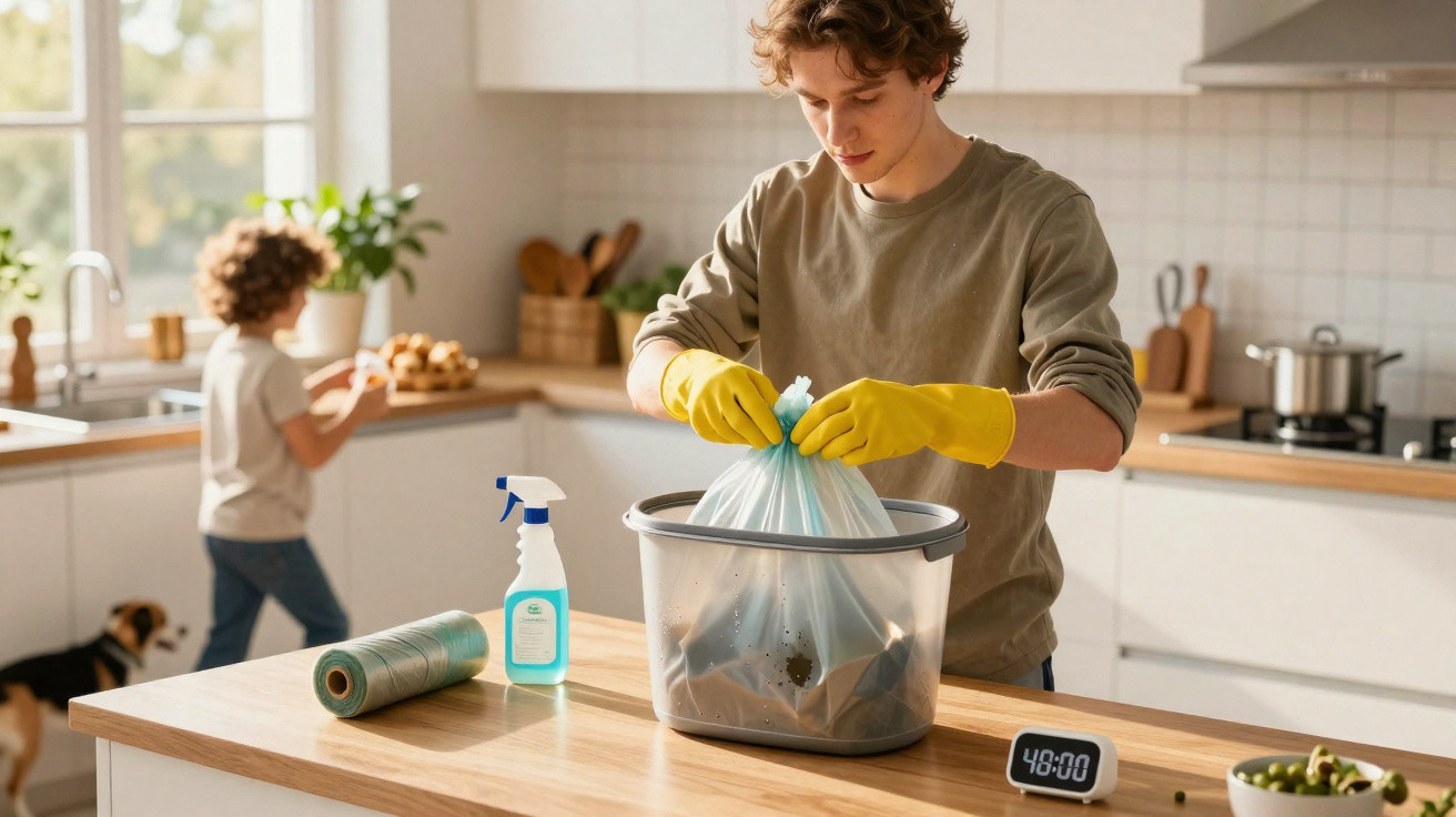 Young man wearing yellow gloves tying a rubbish bag in a kitchen with a child and dog in the background.