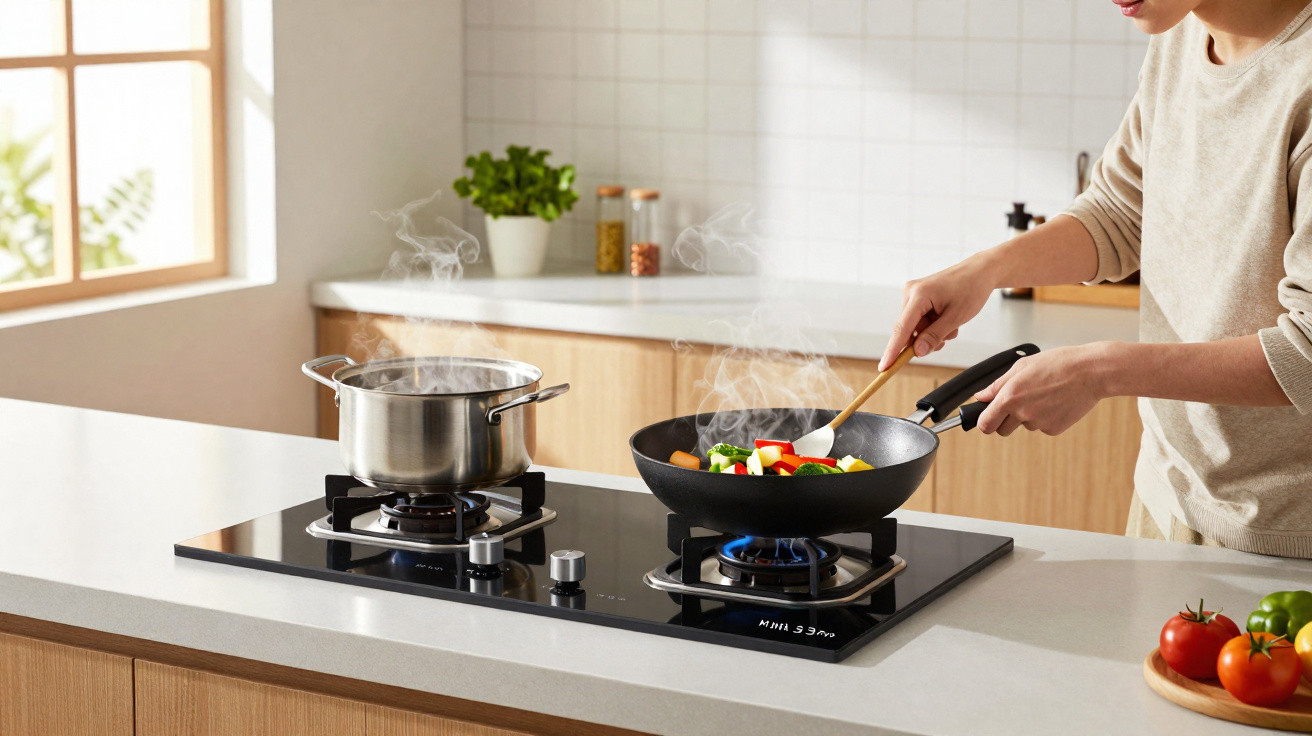 Person cooking vegetables in a frying pan on a gas stove with a steaming pot beside them in a modern kitchen.