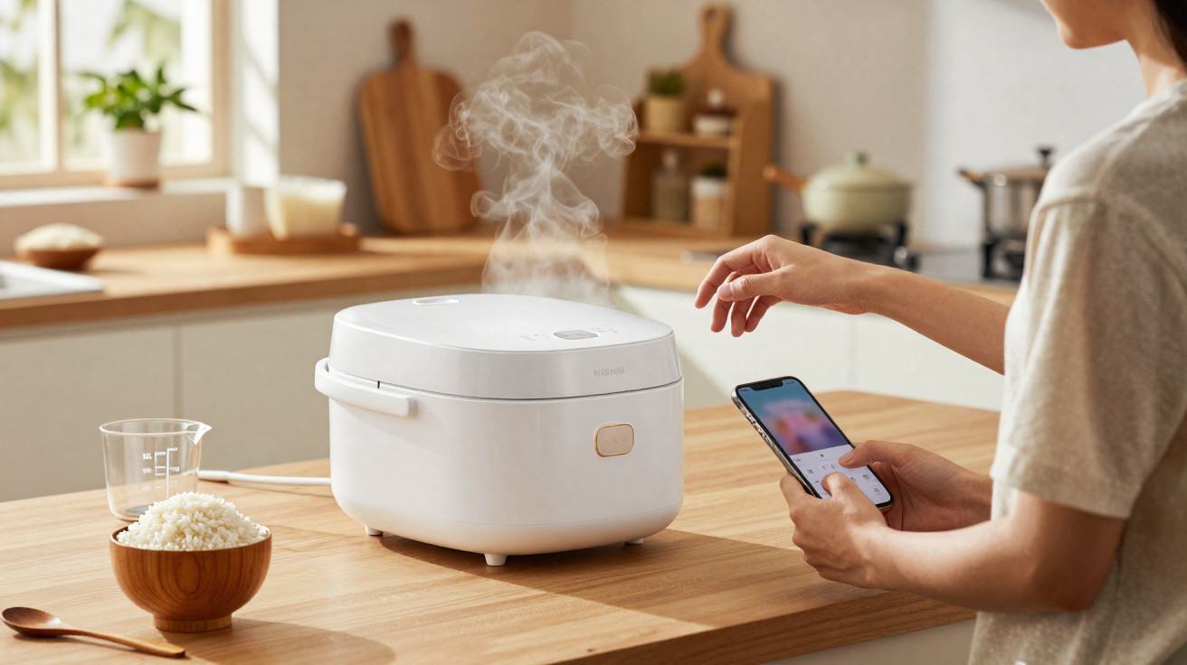 Person using smartphone to control steaming white rice cooker on kitchen counter next to bowl of cooked rice