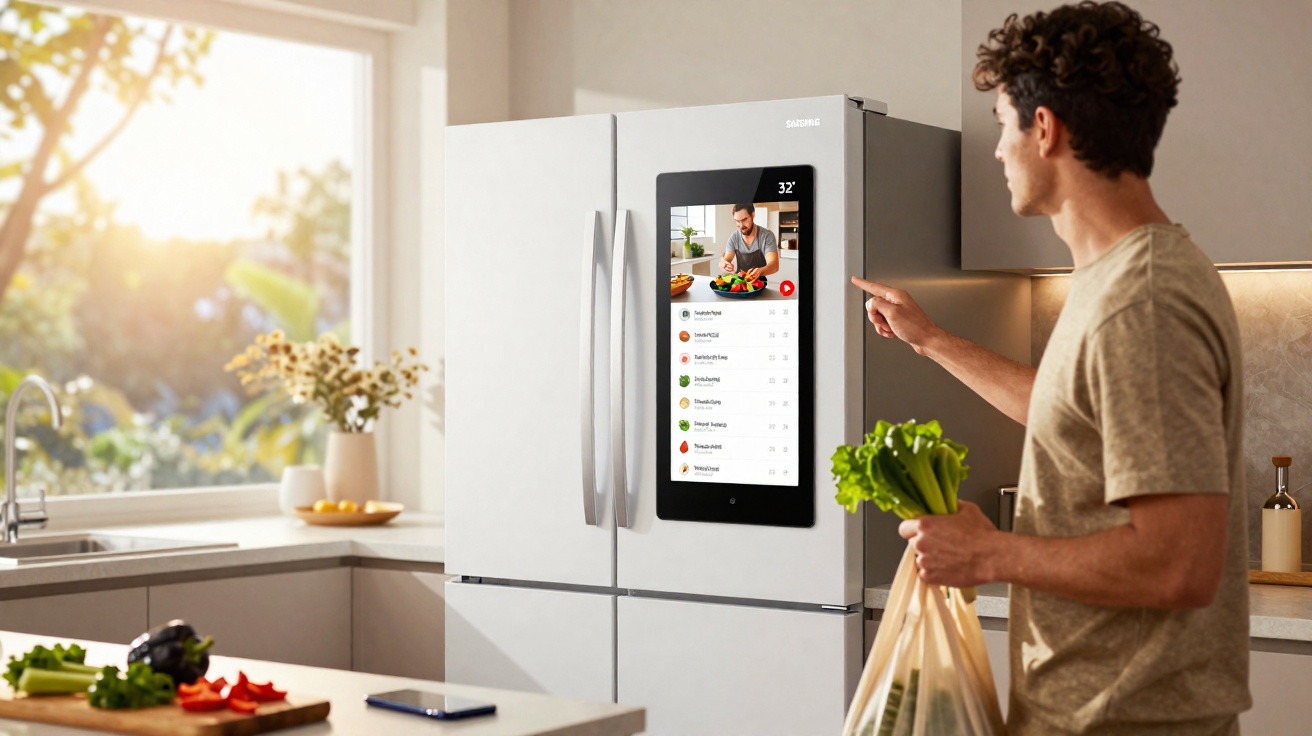 Man holding groceries and using a smart fridge touchscreen displaying a recipe in a modern kitchen at sunrise.