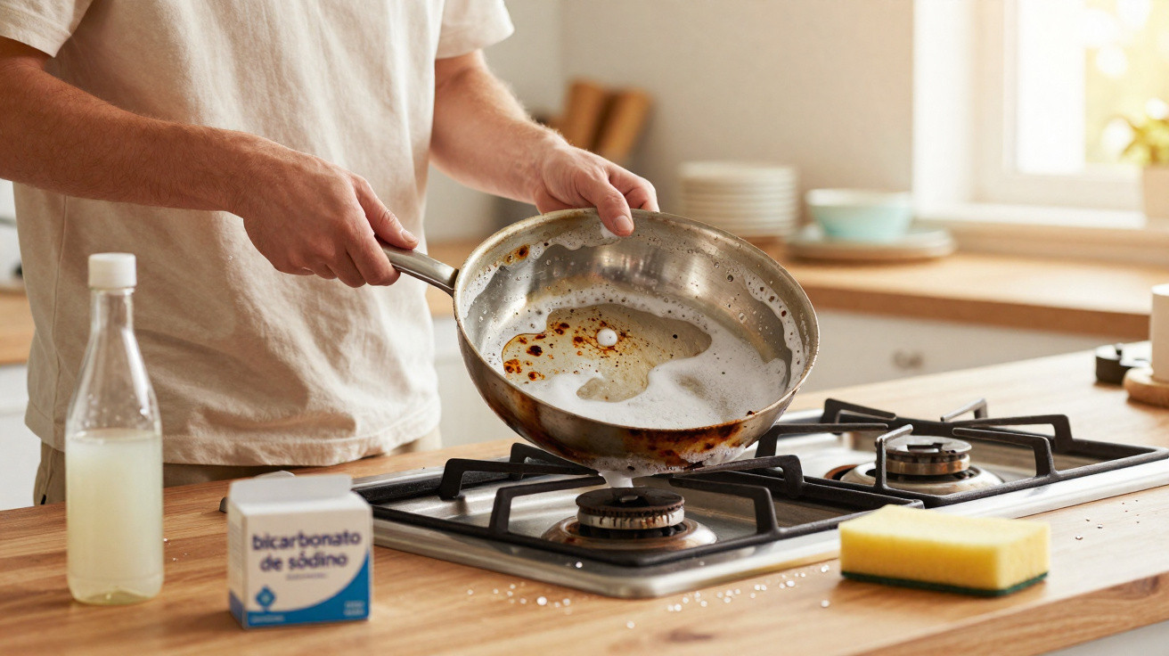 Person cleaning a burnt frying pan on a gas stove using baking soda and a sponge in a kitchen.