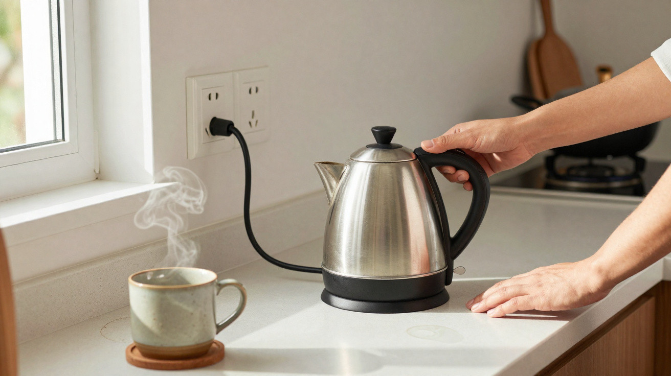 Person placing a stainless steel electric kettle on a kitchen countertop next to a steaming cup of tea.