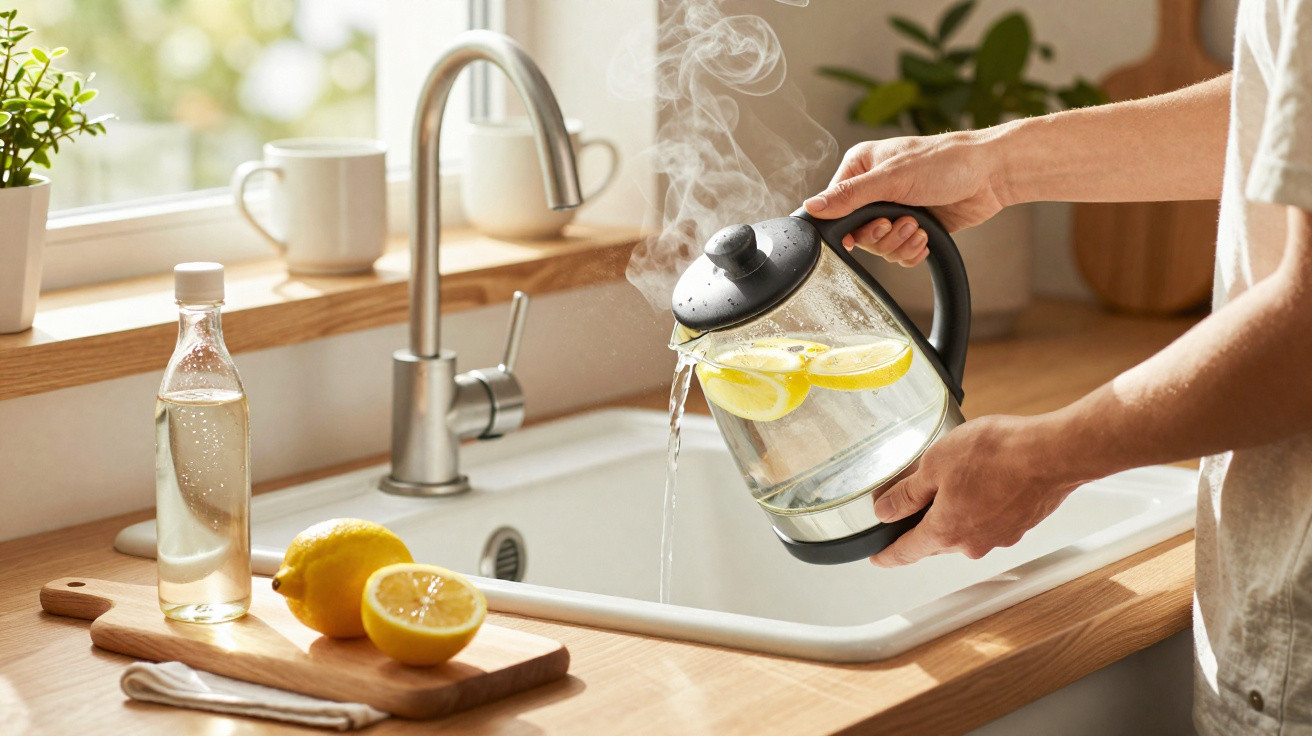Person pouring steaming lemon water from an electric kettle into a kitchen sink with lemons on a wooden board nearby.
