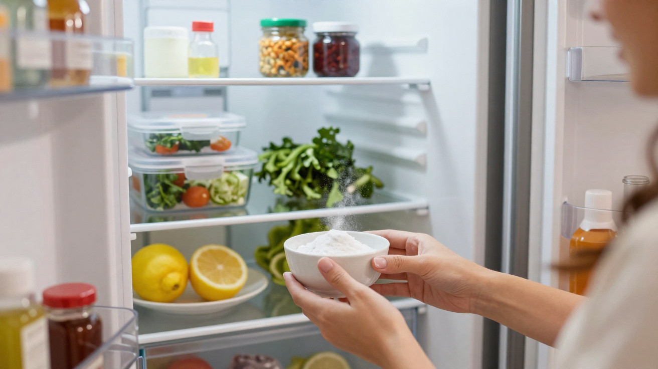 Person holding a bowl of steaming powder in front of an open fridge with fresh vegetables and fruits inside.