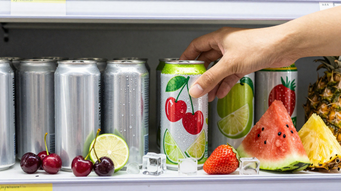 Hand picking a cherry-flavoured fizzy drink can from a fridge shelf with fresh fruit and ice cubes.