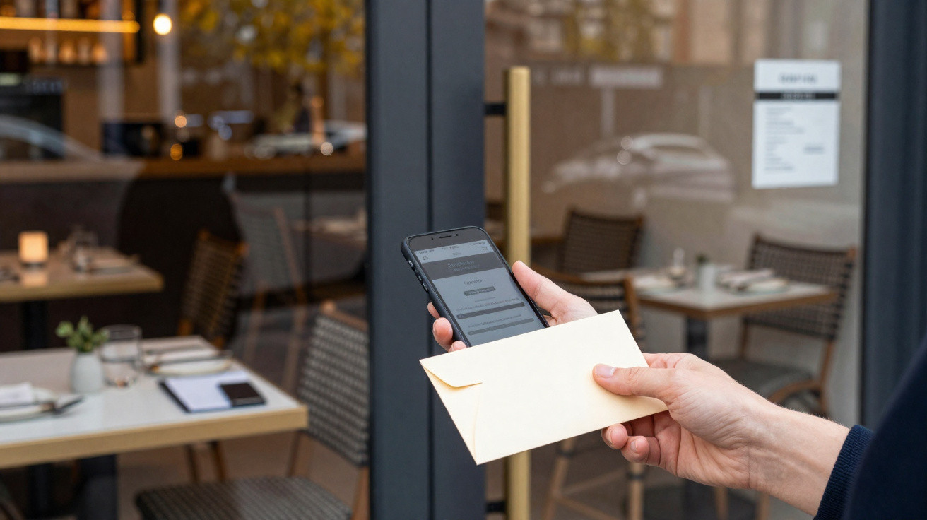 Person holding a smartphone and a plain envelope outside a modern café with empty tables and chairs visible inside.