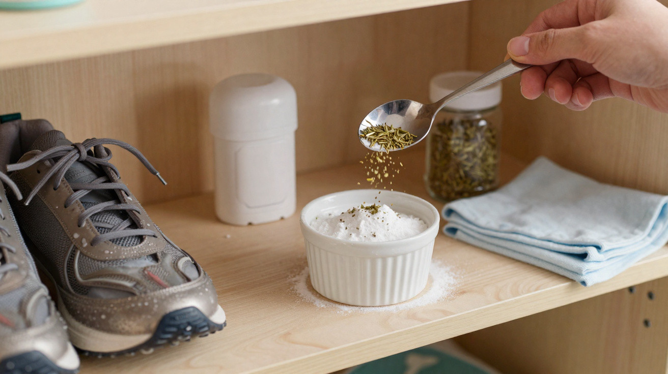 Hand sprinkling herbs into a bowl of powder on a shelf with shoes and jars nearby.