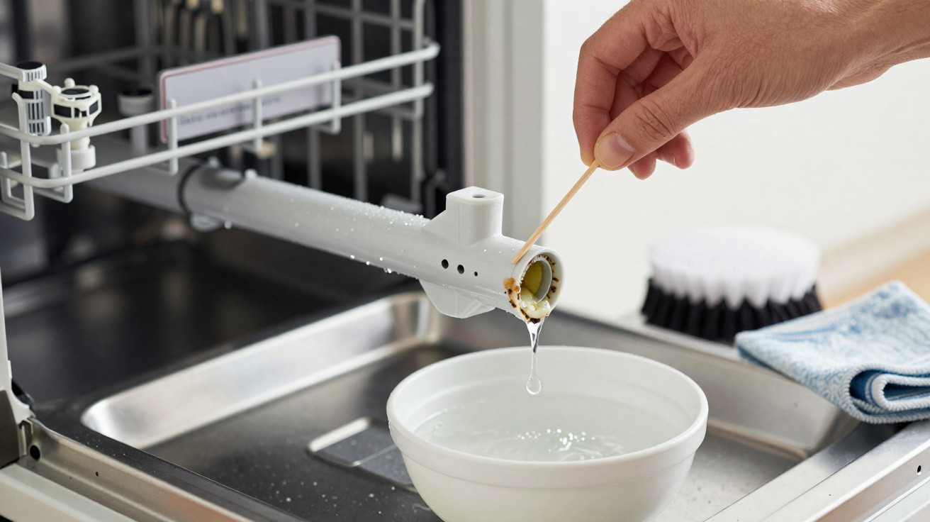 Hand cleaning dishwasher spray arm with a toothpick over a white bowl inside an open dishwasher.