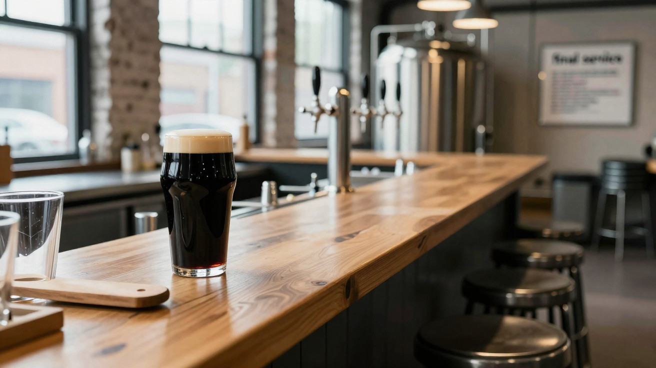 Glass of dark stout beer on a wooden bar counter with stools and brewery equipment in the background.