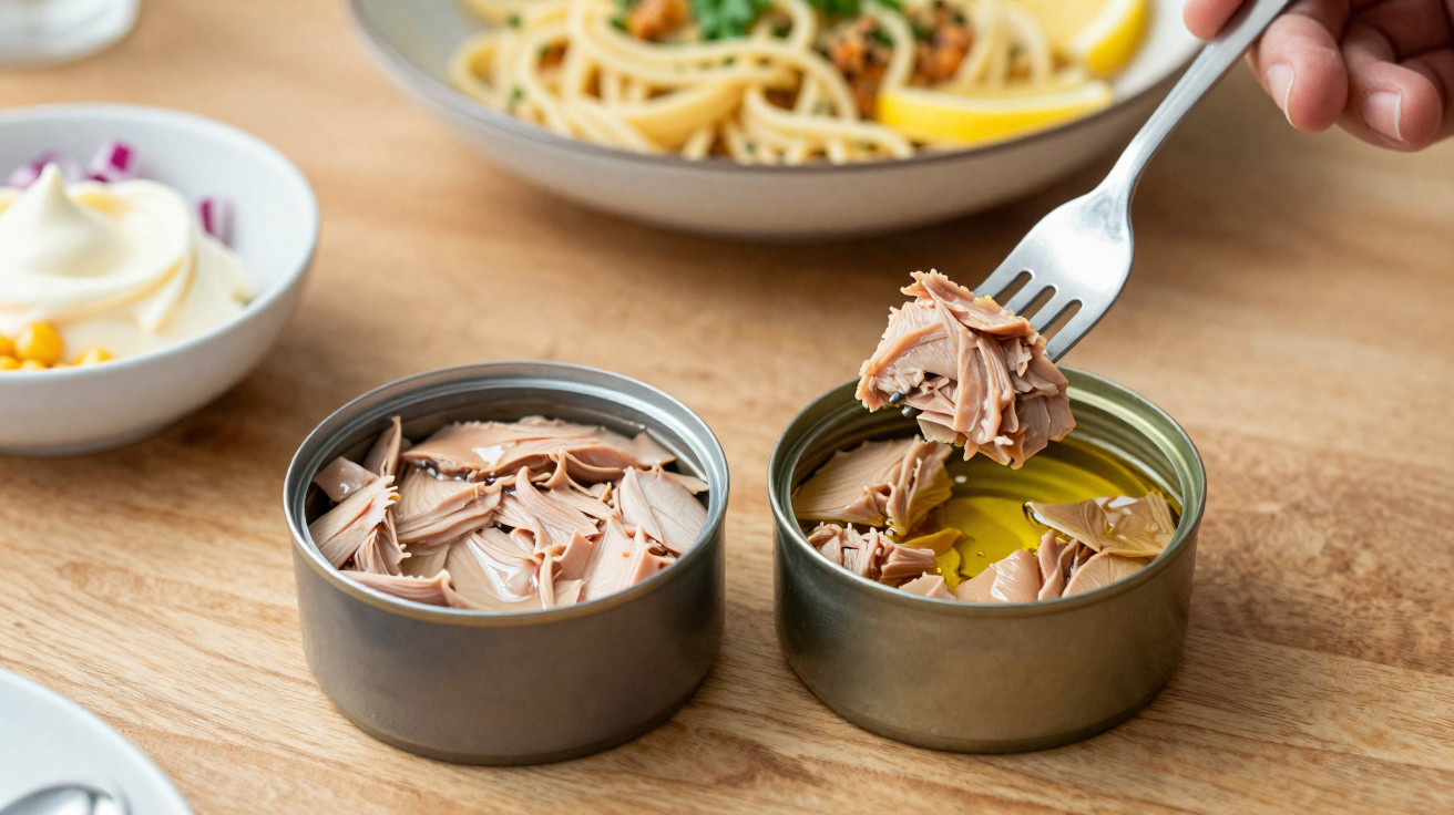Two open cans of tuna, one in oil, a fork lifting tuna from the can, with pasta and salad bowls in background.