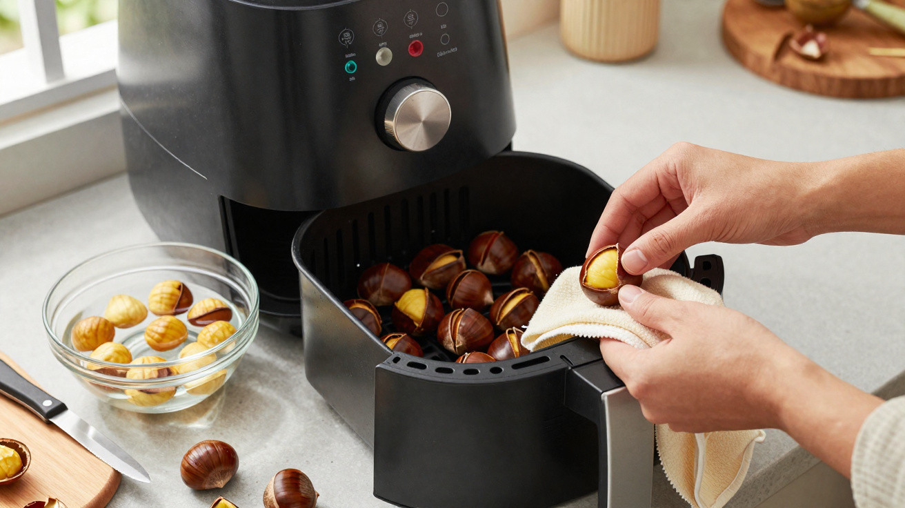 Hands peeling roasted chestnuts from an air fryer basket on a kitchen counter with a bowl and knife nearby.