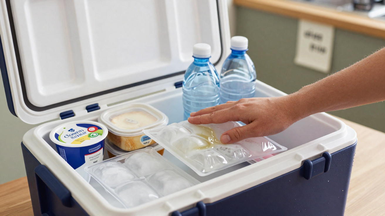 Hand placing an ice pack inside a cooler box containing food, ice packs, and water bottles.