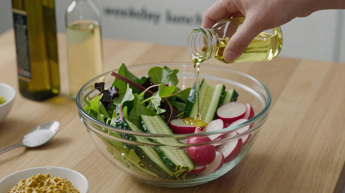 Hand pouring oil over a fresh salad with cucumber, radishes, and mixed greens in a glass bowl.