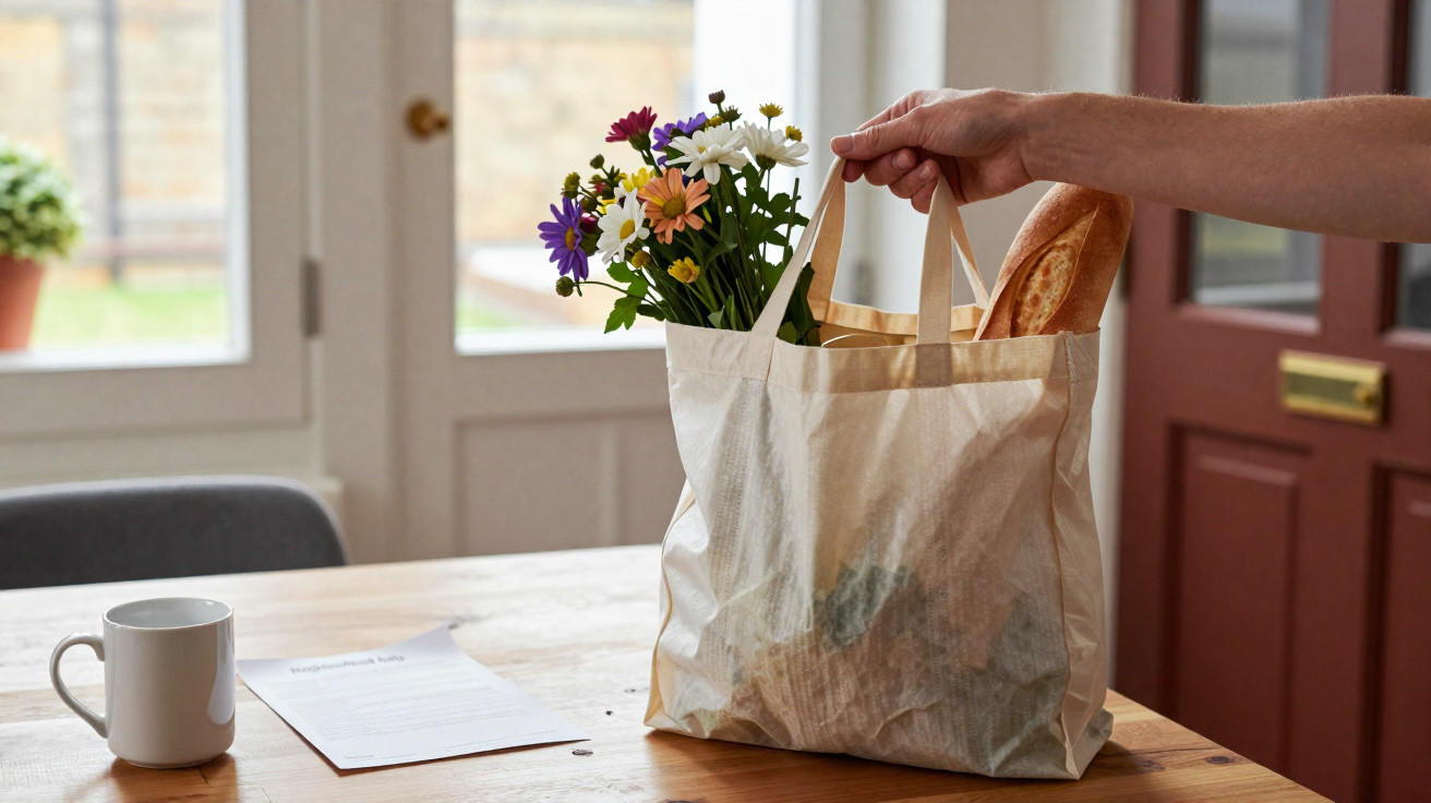 Hand holding a canvas shopping bag with flowers and a baguette on a wooden table indoors.