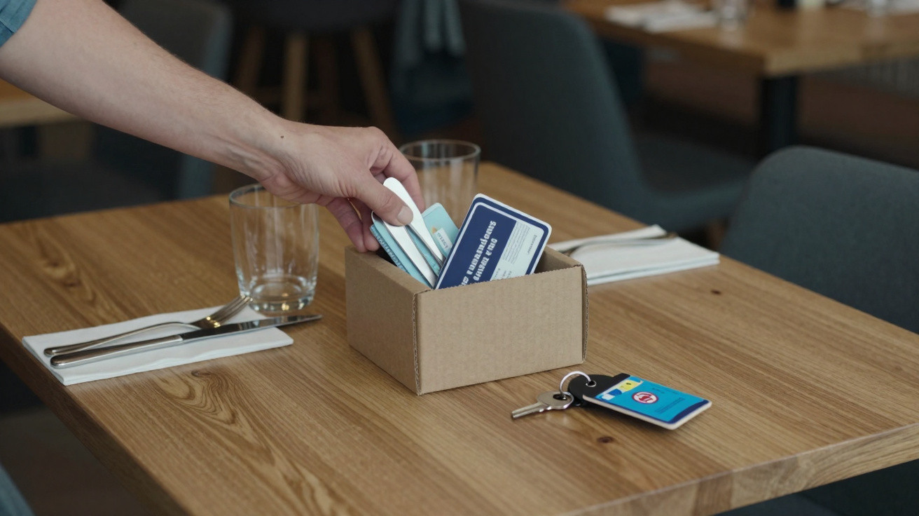 Hand placing disposable dental picks into a cardboard box on a wooden restaurant table with keys nearby.