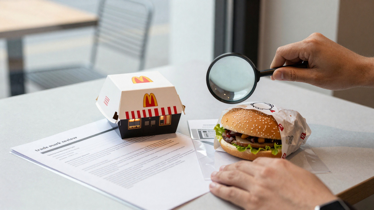 Hand holding magnifying glass over a wrapped burger next to a McDonald's building-shaped box on a table.