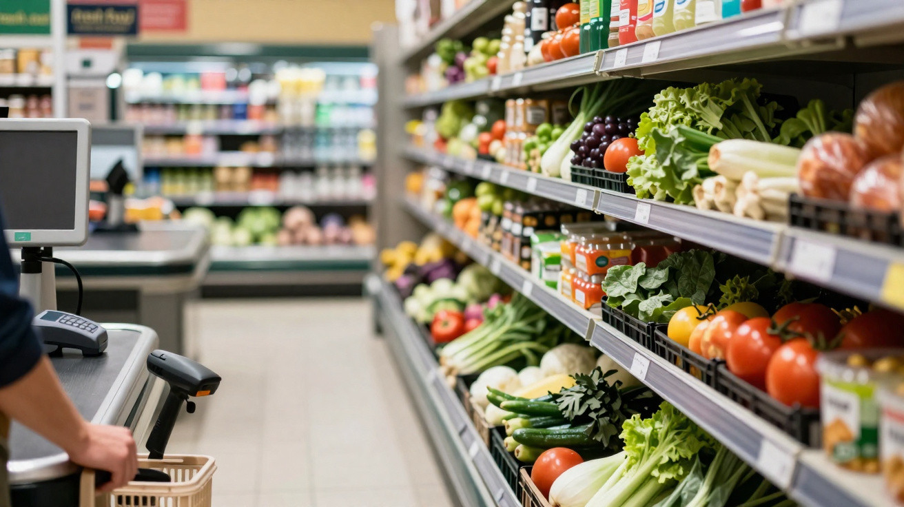 Supermarket aisle with fresh vegetables, fruits, and condiments on shelves beside a checkout counter.
