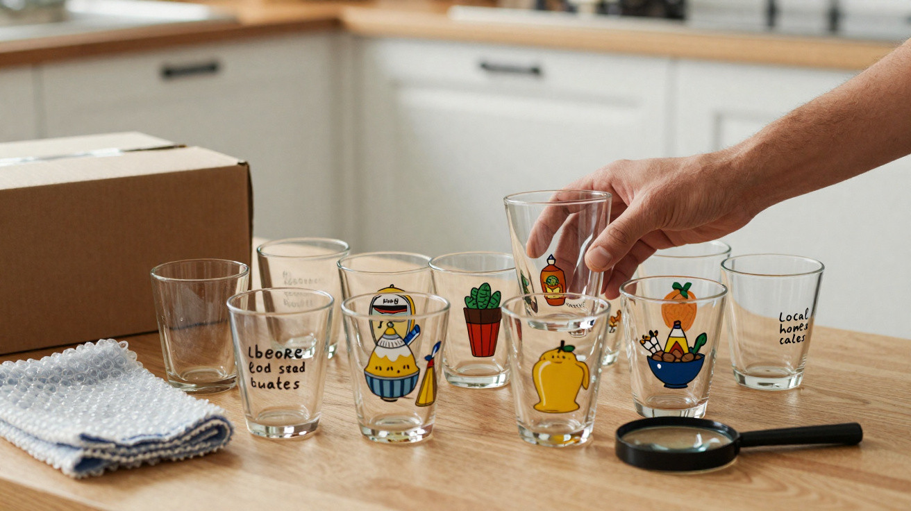 Person picking up a decorated shot glass from a wooden table with other glasses, a magnifying glass, cloth, and box.