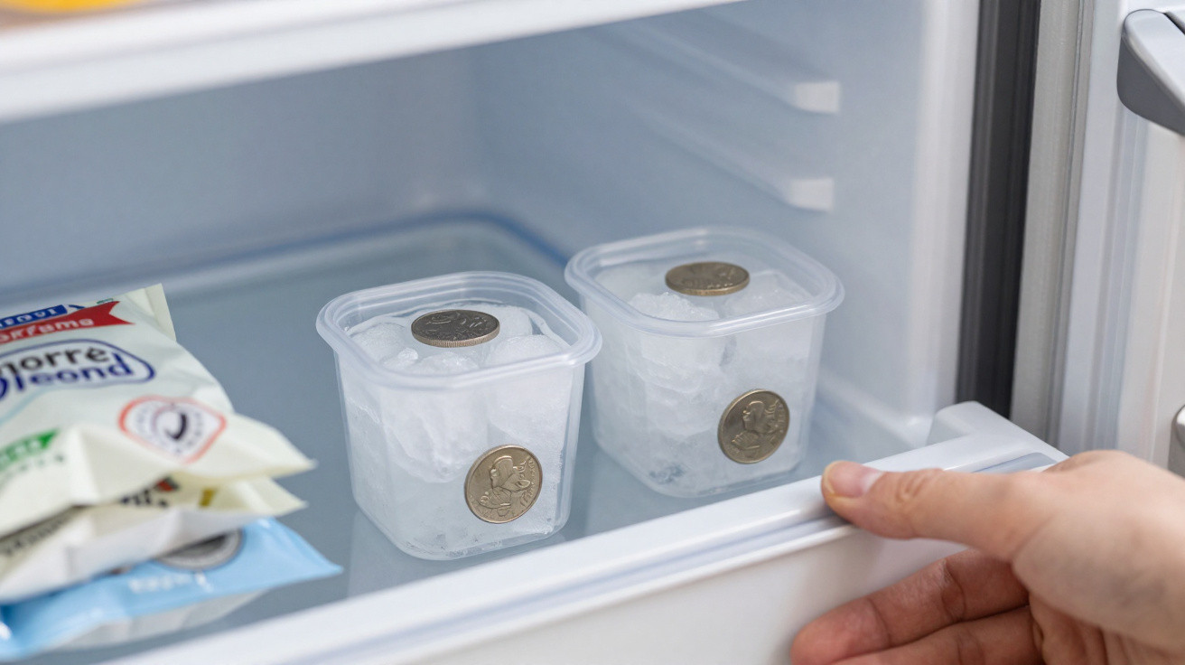 Two plastic containers with ice and coins inside a fridge being opened by a hand.