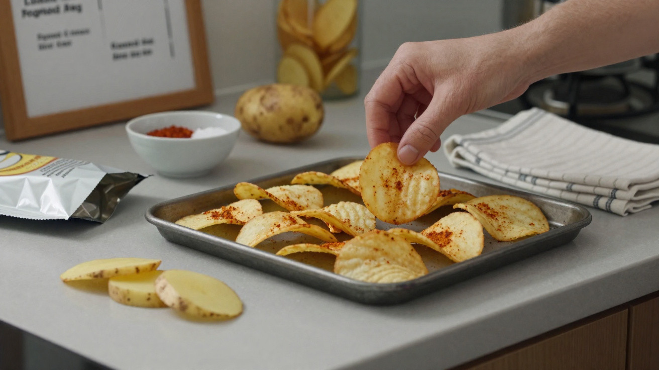 Hand picking a seasoned potato chip from a tray of freshly baked ridged chips on a kitchen counter.
