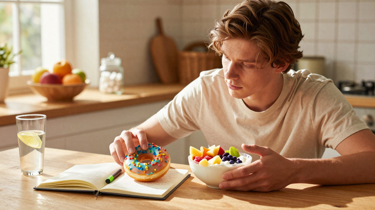 Young man sitting at kitchen table eating a doughnut and fruit salad beside an open notebook and glass of lemon water.