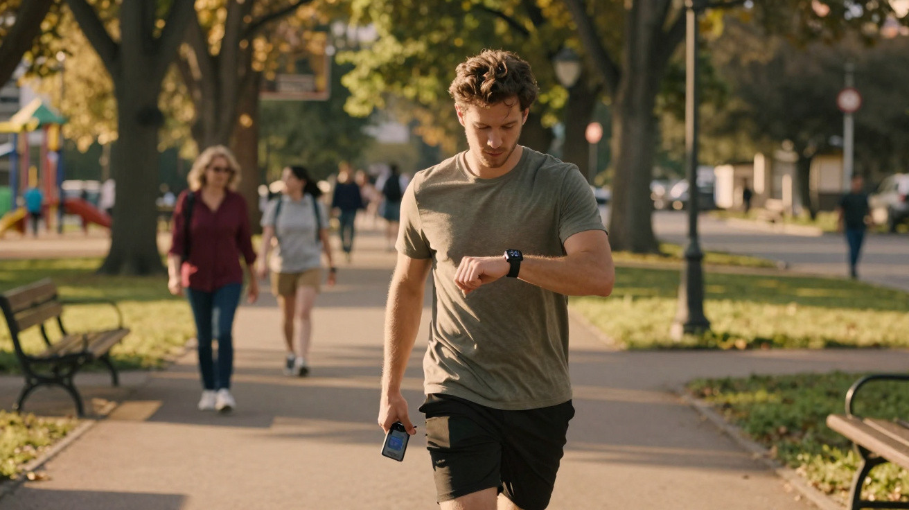 Man in sportswear checking smartwatch while running in a sunlit park with other pedestrians walking nearby